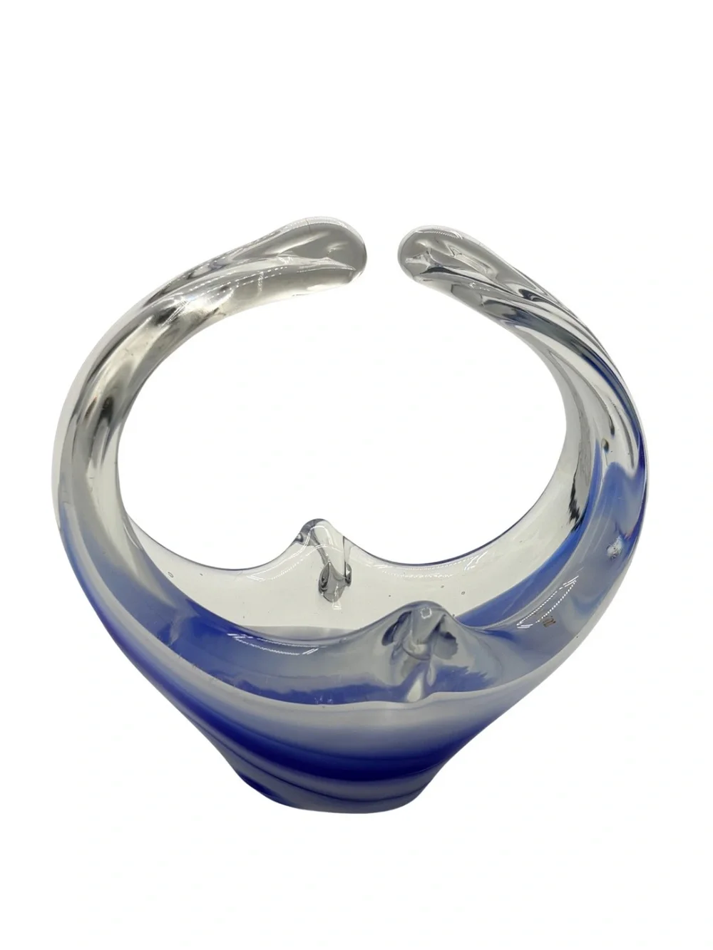 Murano Style Blue Clear Freeform Art Glass Basket Bowl Sculpture 5.5”